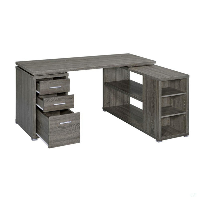 Bureau en L avec tiroirs et tablettes, gris vieilli