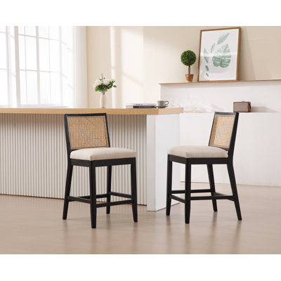 Rustic-Chic Counter Stools With Wicker Backrests And Wide Seats For Kitchen Islands And Bar Counters Set Of 2
