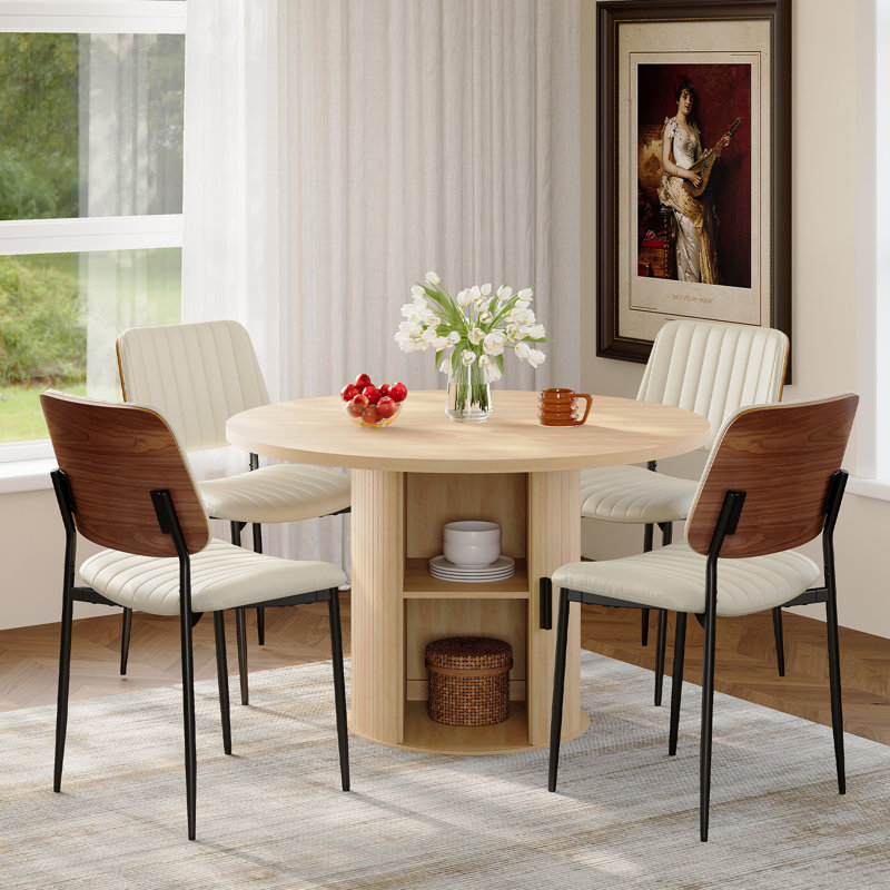 4 - Person Round Dining Table Set With Hidden Storage & 4 Upholstered Chairs, Cream, White