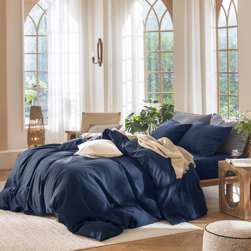 Ensemble de housse de couette 100% coton délavé MooMee, Housse de couette pour très grand lit et 2 taies , Marine