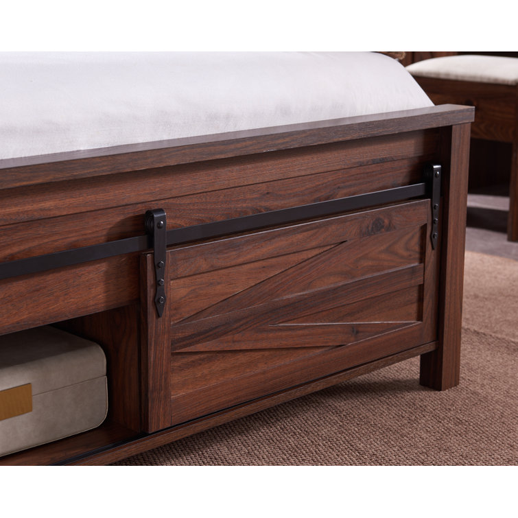 Argana Farmhouse Wood Bed Frame with Sliding Barn Door Storage Cabinets and Headboard