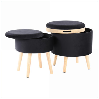Ottoman Contemporary Storage with Tray Top &amp; Matching Stool – Black Velvet, Natural Wood Legs | Light Brown | Wood
