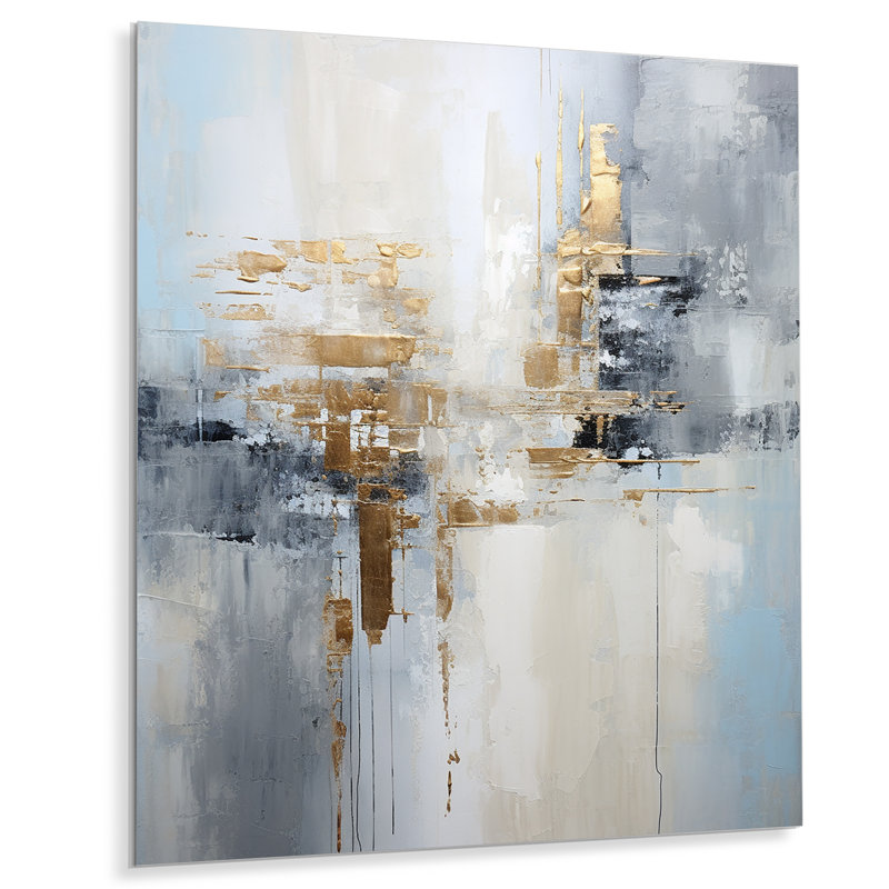 «Gold Memories On Faded Blue», art mural abstrait, Métal métal, H 40 po x l 30 po x P 1,5 po