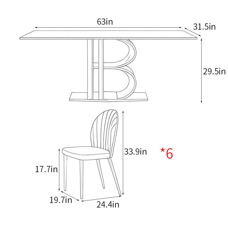 Italian modern rectangular dining table sets, 29.5"H x 63"L x 31.5"W