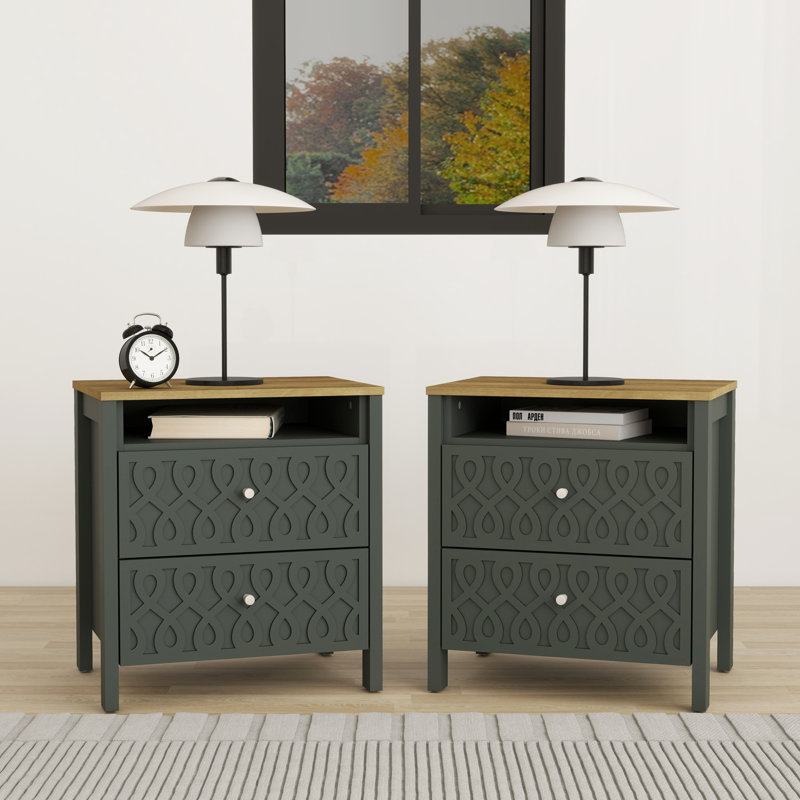 Allysyn 2-Drawer Nightstand with Open Storage, Green/Brown