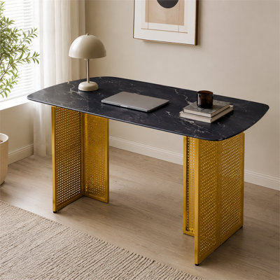 6-Seat Rectangular Tempered Glass Dining Table with Gold Legs and Marble-Patterned Top – Ideal for Home or Office Use