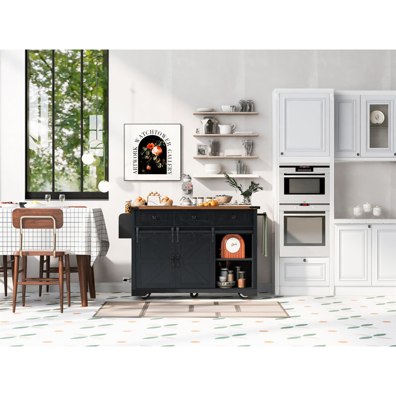 53.7" Farmhouse Kitchen Island With Power Outlet, Black