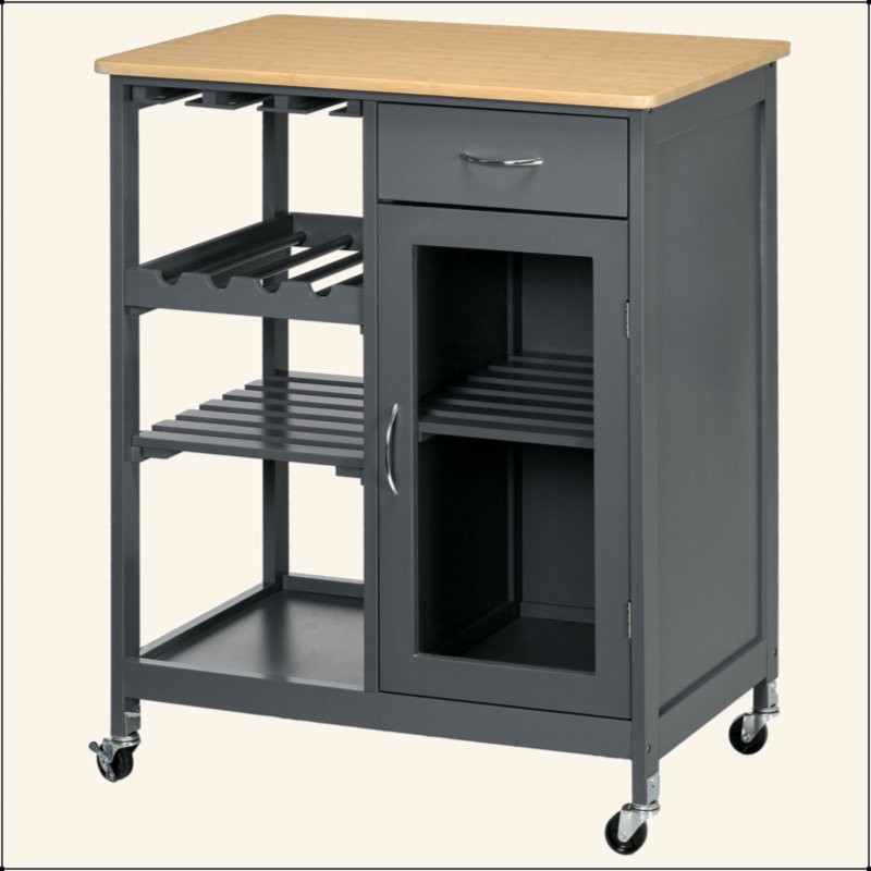 Îlot de cuisine roulant avec rangement, chariot de cuisine avec support à vin pour 4 bouteilles, chariot de bar avec porte-verres à pied, tablettes, tiroir et armoire