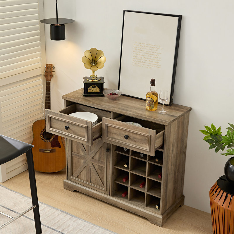 Buffet gris avec 2 tiroirs, armoire à vin amovible, rangement pour la cuisine et la salle à manger