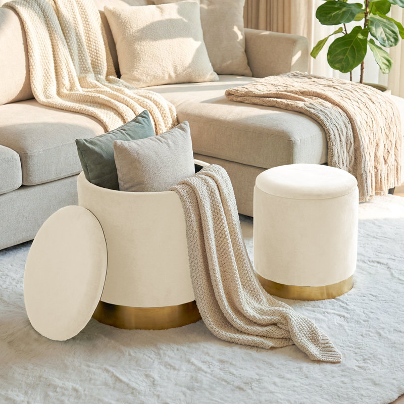 Round Ottoman With Storage and Gold Plating Base, White