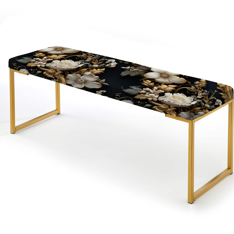 Banc rembourré or, Motif floral victorien noir et blanc doré