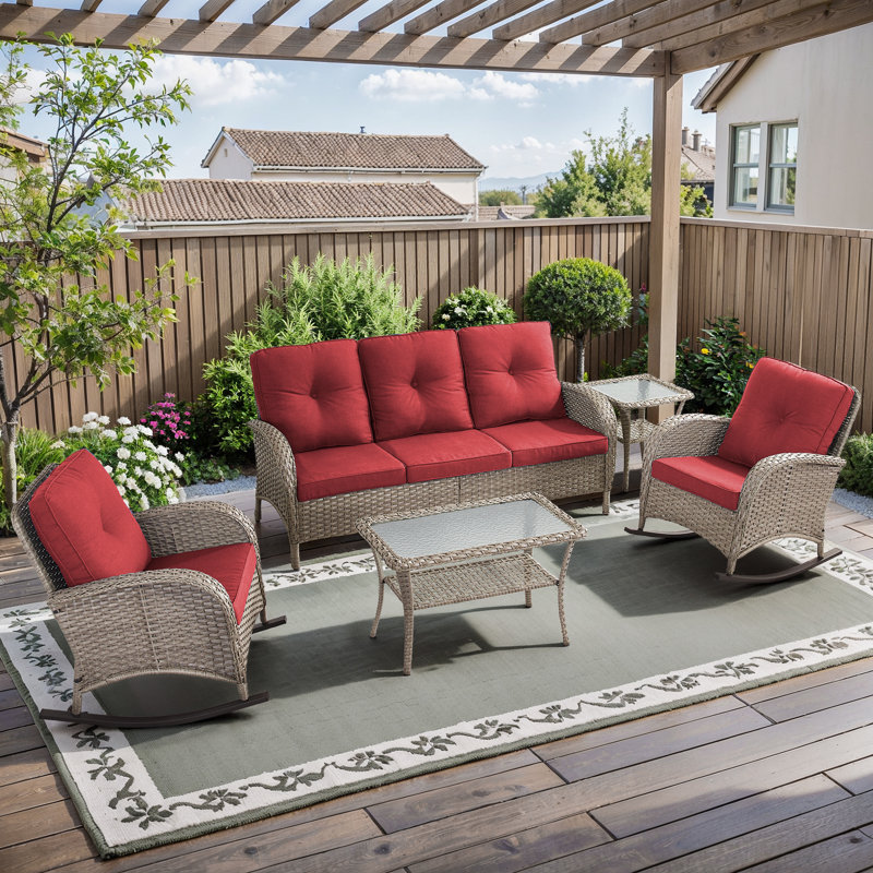 Outdoor Courtyard Wicker Sofa Conversation Set With Rocking Chairs, Gray, Red