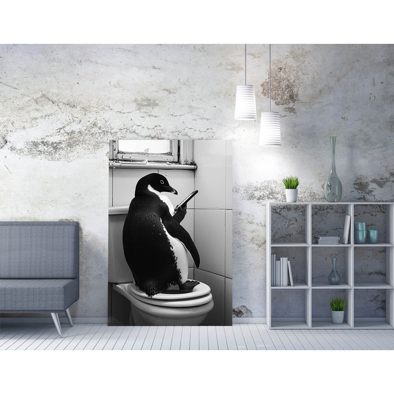 Penguin Sitting on Toilet Looking at Phone Canvas Wall Art Print, 30 cm H x 20 cm W