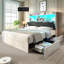  Farmhouse King Bed Frame With LED Storage Bookcase Headboard & Charging Station, Distressed White-1740626164-1740626155