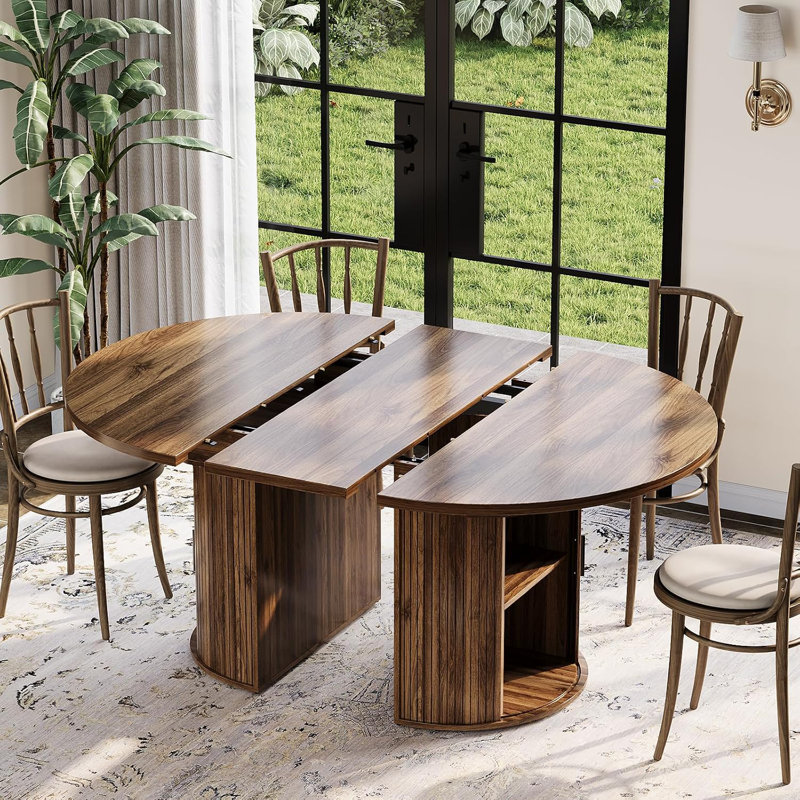 Table de salle à manger extensible ronde, 47,5 "à 63" Table de ferme moderne avec rangement, noyer, Brun