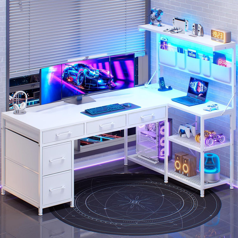 L Shaped Gaming Desk, 47.2" Reversible Small Computer Desk With 5 Drawers And Storage Shelves, Corner Gaming Desk With Led Lights And Power Outlet