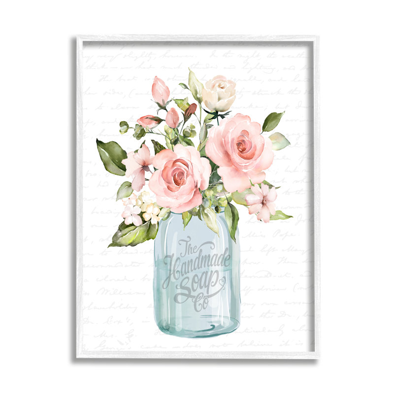 Rose, rose et fleurs, H 14 po x l 11 po x P 1,5 po, Giclée encadrée blanc bord de mer