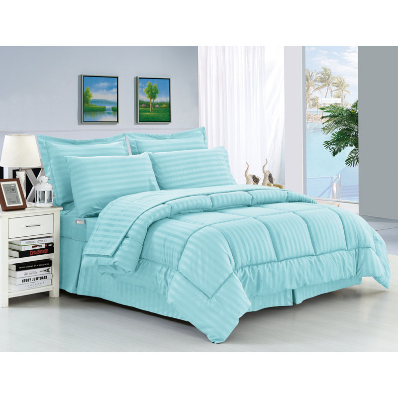 Polyester Baffle Box Stitch Striped Comforter, Light Blue, Full/Queen Comforter + 7 Additional Pieces