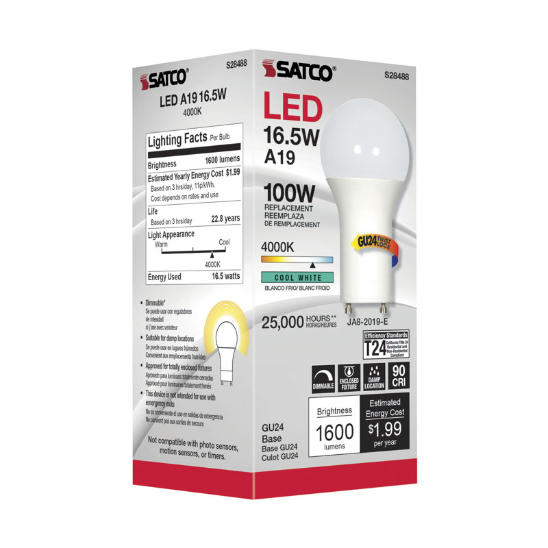 16,5 watts (100 watts équivalents), DEL A19, ampoule à intensité variable, blanc froid (4000K) GU24 / base verrouillable