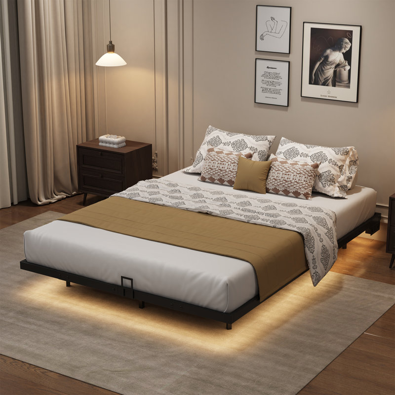 Floating Bed Frame with LED Lights Metal Slats Underbed Storage Space No Box Spring, Full