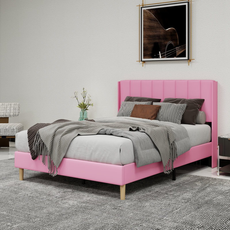 Lit plateforme tapissier avec tête de lit, Complète, Rose
