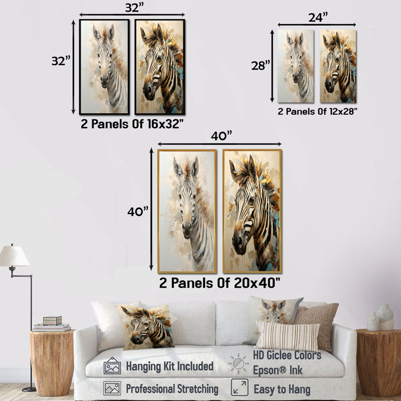 Ensemble de 2 décorations murales zébrées beiges et dorées, H 28 po x l 25 po, Toile tendue