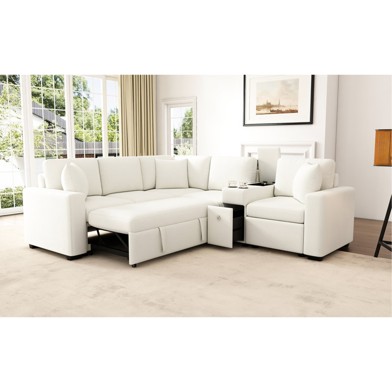 Canapé-lit réversible en forme de L avec lit gigogne, agencement personnalisable, tiroir de rangement, porte-gobelets, revêtement en chenille blanc, mécanisme de conversion, nombreux rangements et bien plus encore.