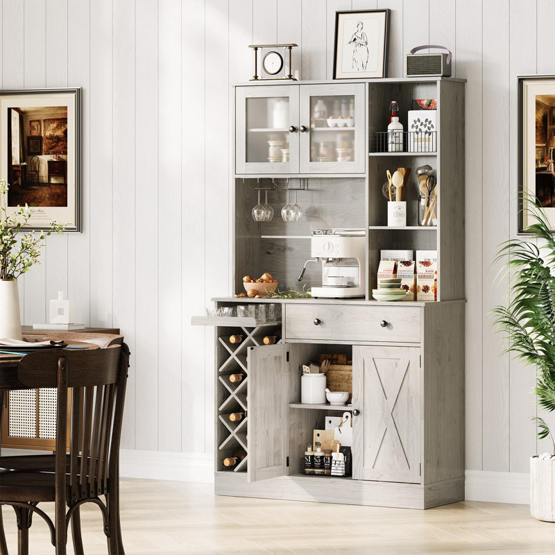 Armoire à café et à vin H 71 po avec support pour 11 bouteilles, tiroirs, tablettes, station de charge intégrée, Gris