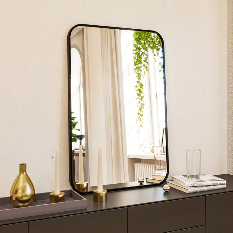 Wall Mirror Rectangular Rounded Corners Hanging Vanity Mirror For Living Room Bedroom Bathroom Entryway, Black
