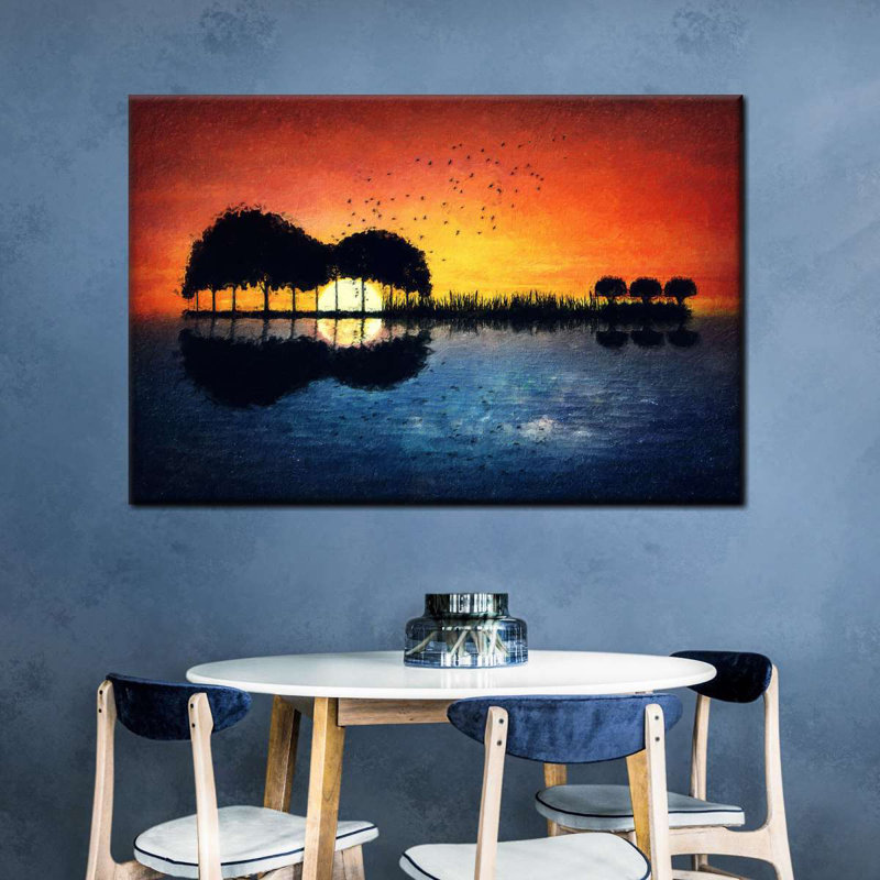 Guitare, coucher de soleil sur toile, H 26 po x l 39 po x P 1,25 po