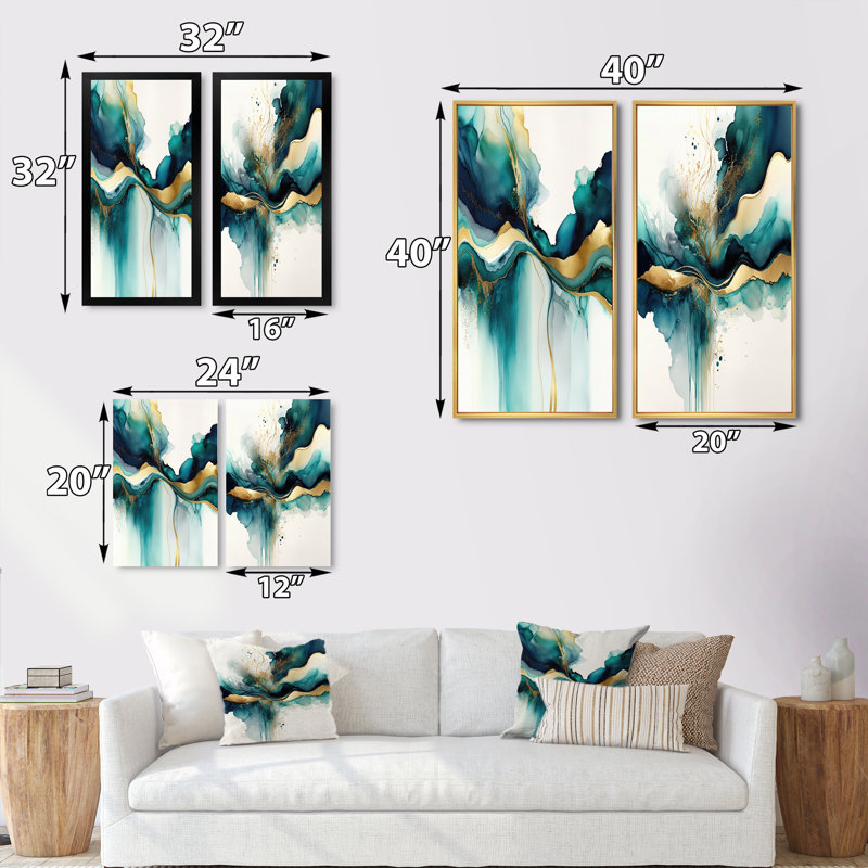«Teal and Gold Abstract Expression I», 2 pièces sur toile, H 32 po x l 32 po, Toile tendue