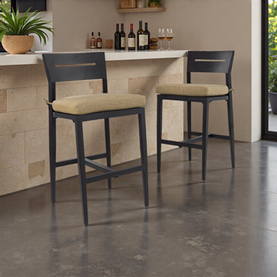 Tabourets de bar d'extérieur modernes 2 pièces, chaise de bar de patio en aluminium avec dossier ergonomique, pieds fuselés, repose-pieds, coussin Sunbrella, résistant aux intempéries