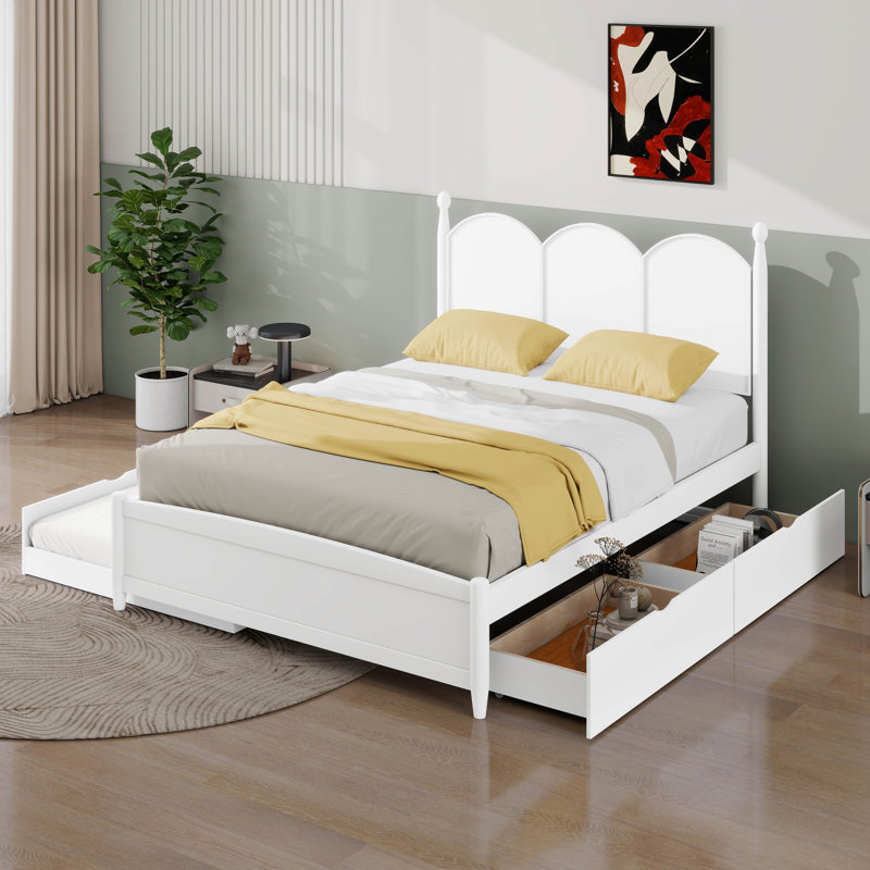 Structure de lit grand format avec 2 grands tiroirs, lit gigogne simple TG, structure de lit plateforme en bois de style rustique avec tête de lit courbée