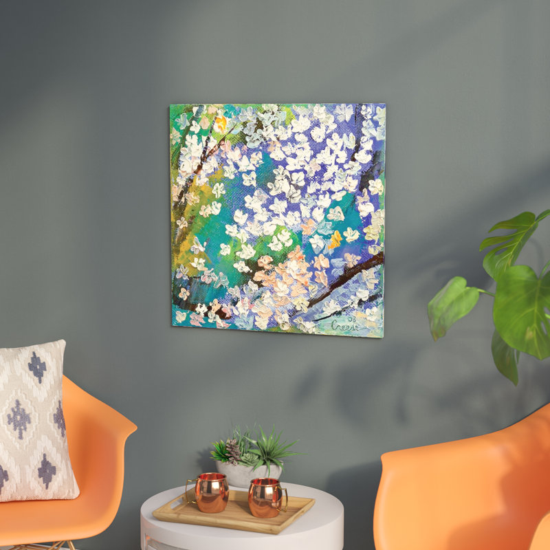 « sakura », peinture à l’huile sur toile, H 18 po x l 18 po x P 1,5 po, Toile avec cadre noir, Pas de tapis