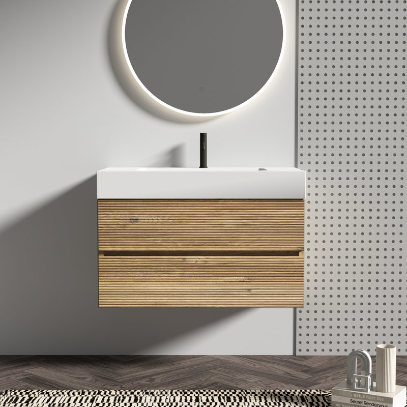 Meuble-lavabo moderne avec chêne brut de 36 po, tiroirs doubles, panneau de grille en chêne, matériau de qualité E1, meuble-lavabo rails silencieux, laque à base d'eau E0, quincaillerie