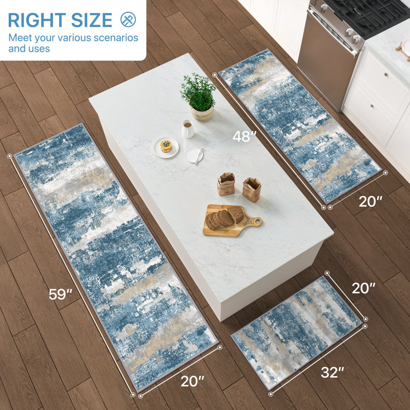 Machine Washable Anti-Slip Water Resistant Kitchen Mat, Blue/Beige
