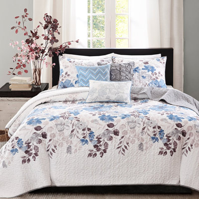 6 Piece Bedding , King/ King, Blue, Watercolor Floral Design Pattern, Reversible To Texture, Microfiber King Quilt Ornament Imagery Print, Smooth Material, Microfiber, Washable
