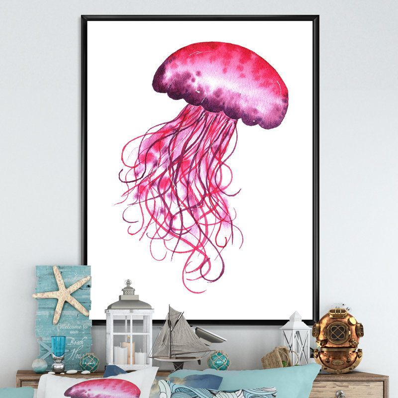 Adorable méduse rose méduse - Décoration murale nautique et côtière en toile, H 12 po x l 8 po x P 1 po
