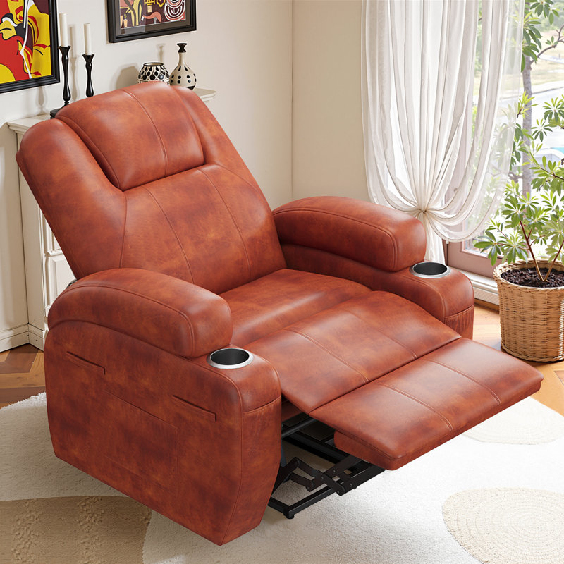 Electric Reclining Chair Sofa With Massage Function, Suitable For The Elderly, 3 Adjustable Positions, 2 Side Pockets And Cup Holders, Tech Fabric Like Leather