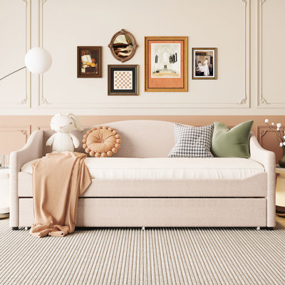 Twin Size Upholstered Daybed With Fleece In Beige And Compact Trundle Frame For