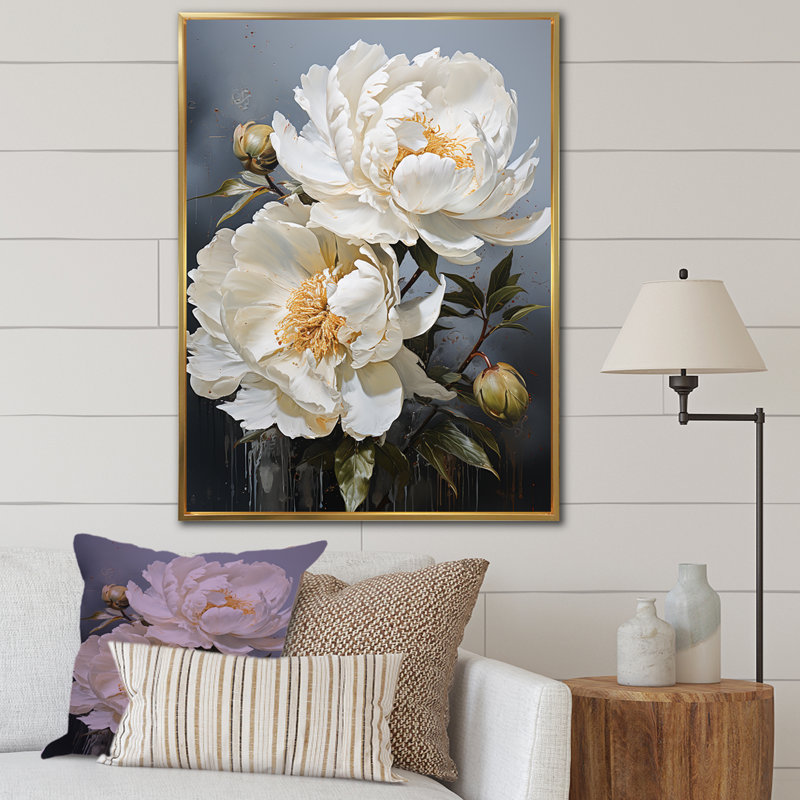 Beige Whispers Of Peony IV sur impression sur toile, Cadre flottant doré, H 44 po x l 34 po x P 1,5 po
