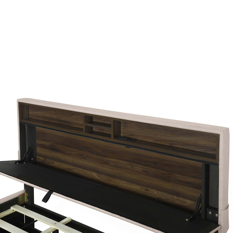 Lit plateforme tapissier avec tête de lit, gigogne, 2 tiroirs et ensemble de prises et ports USB, tissu en lin, Grand lit