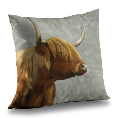 Beautiful Highland Cattle Gray Western Throw Pillow – Poly Twill Throw Pillow with Insert, Double-Sided Print