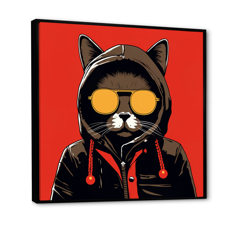 Chat froid avec lunettes de soleil - imprimé, Cadre flottant noir, H 24 po x l 24 po x P 1 po