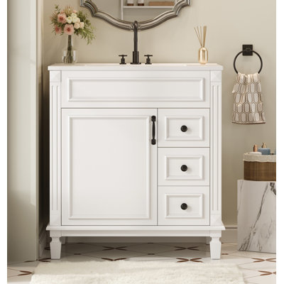 Ensemble de meuble-lavabo simple 30 po avec lavabo en céramique et portes à fermeture douce - Armoire de rangement autoportante avec tablettes réglables pour les petites salles de bain et salles d'eau
