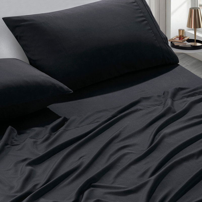 Ensemble de draps noirs en microfibre avec tissu infroissable, Couvre-lit pour grand lit et 4 pièces supplément, Noir