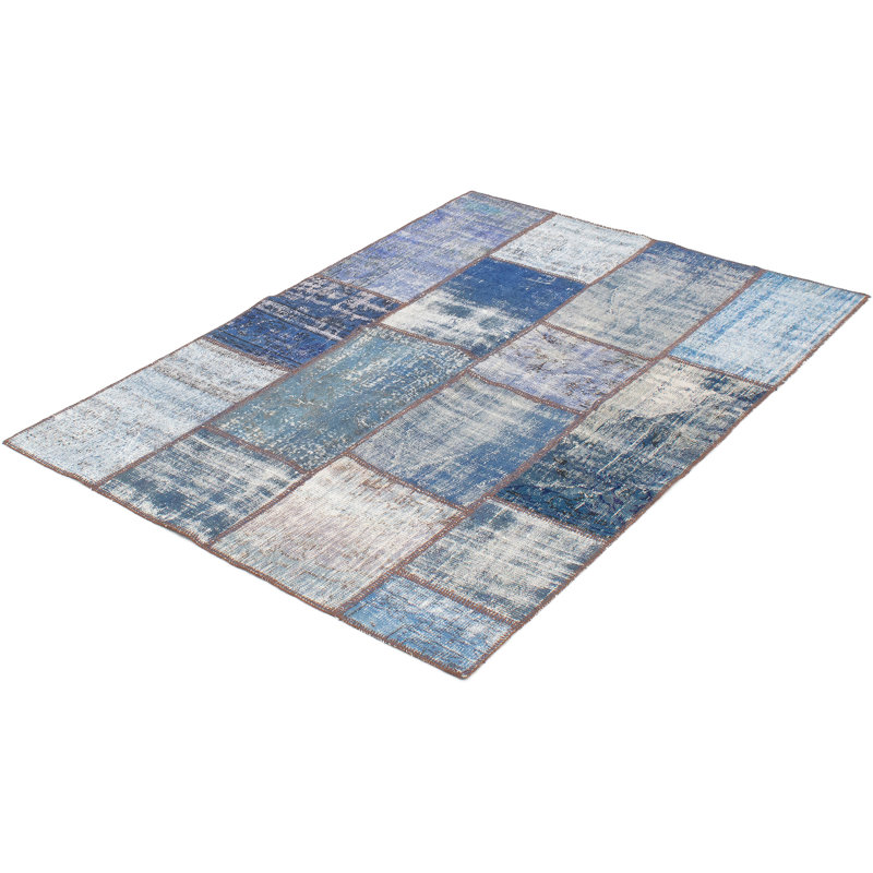 Tapis bleu / beige en laine noué à la main Patchwork 5 pi 8 po x 7 pi 10 po