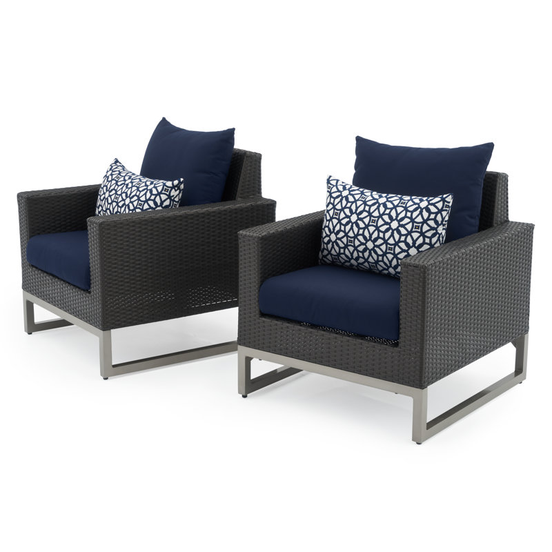 Sameko 2Pc Sunbrella Outdoor Club Chairs, Brown, Navy Blue