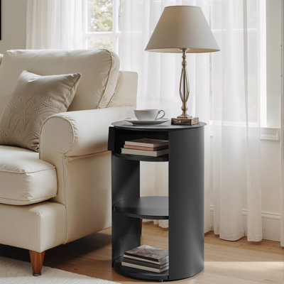 Table d'appoint ronde d'intérieur en métal à 3 niveaux avec armoire à porte coulissante - Noir mat