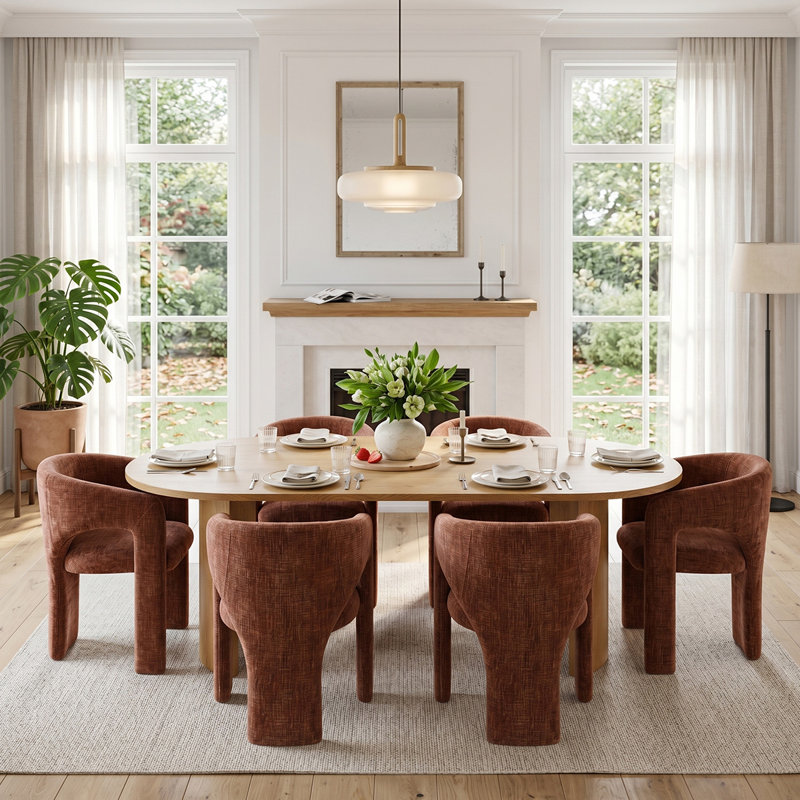 Ensemble de salle à manger 7 pièces moderne avec table à piédestal ovale en chêne 79 po et 6 chaises sculpturales à accoudoirs larges